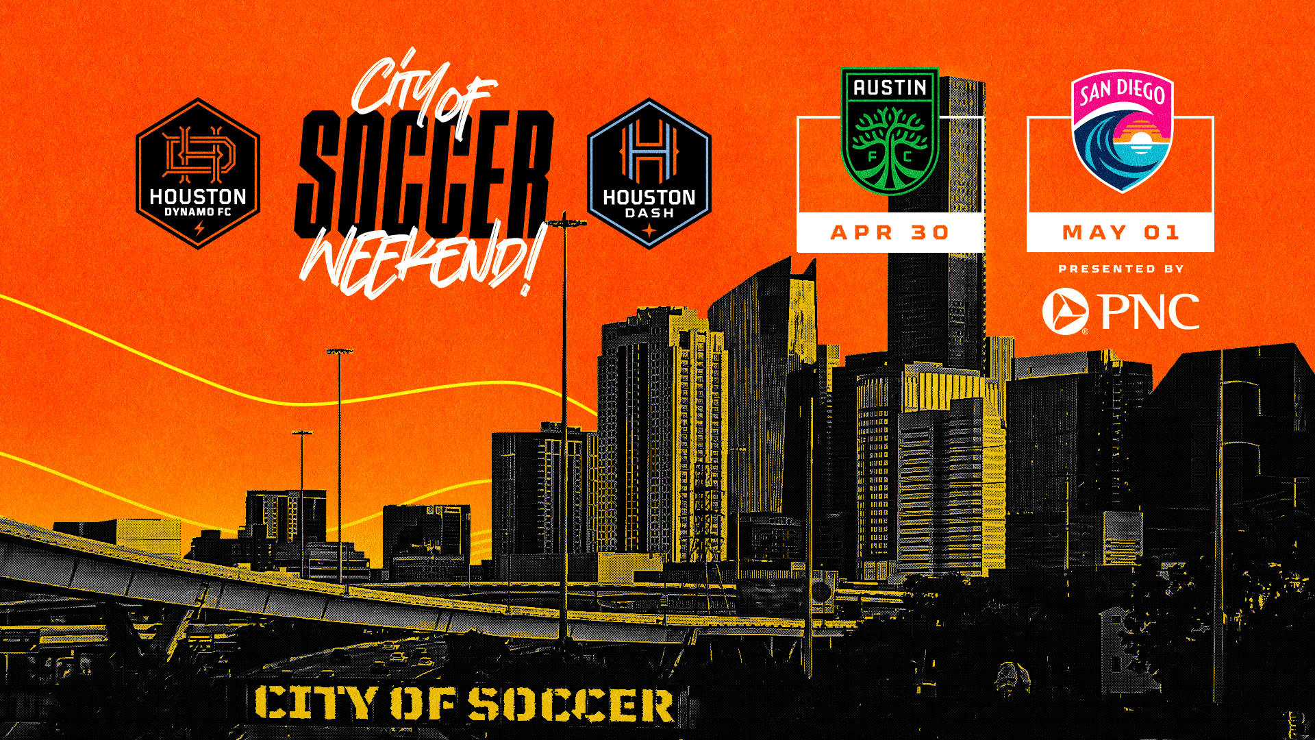 City of Soccer 週末活動海報，以日落天際線為背景，展示球隊標誌和日期。