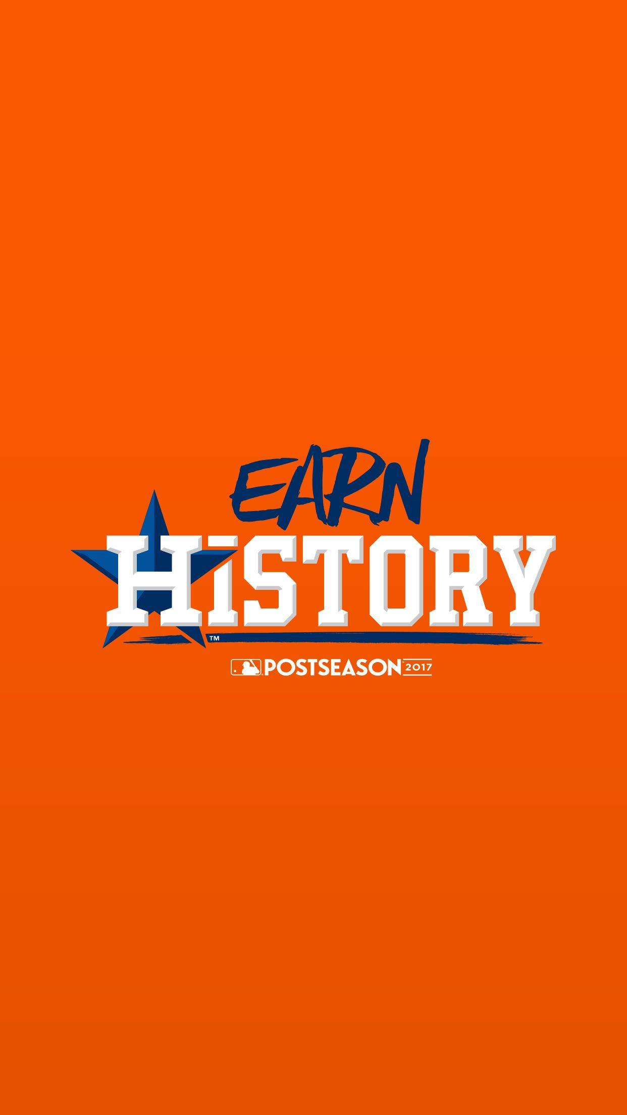 休士頓太空人隊橙色歷史主題 壁紙 — 大膽的橙色背景，帶有「EARN HISTORY」文字、藍色星星和MLB季後賽2017標誌。