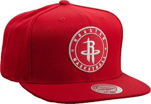 休士頓火箭隊紅色平檐帽 壁紙 — 一頂鮮紅色的侯斯頓火箭隊 snapback 帽，帶有白色刺繡標誌和品牌標籤，背景為溫暖的漸變色。
