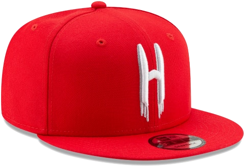 休士頓火箭隊紅色平檐帽 壁紙 — 一頂大膽的紅色 snapback 帽，帶有滴落效果的白色 'H' 標誌和白色飾邊，襯托在純黑背景上。
