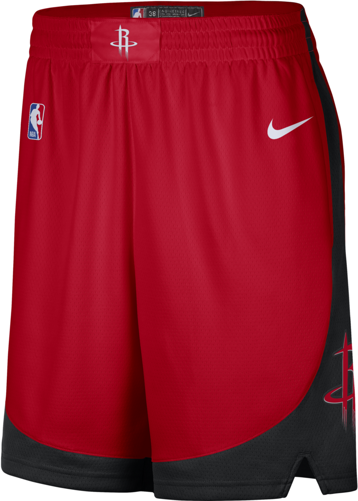 休士頓火箭隊紅色耐克短褲 壁紙 — 鮮紅色侯斯頓火箭NBA籃球短褲，帶有白色Nike勾和黑色側面板，背景為黑色。