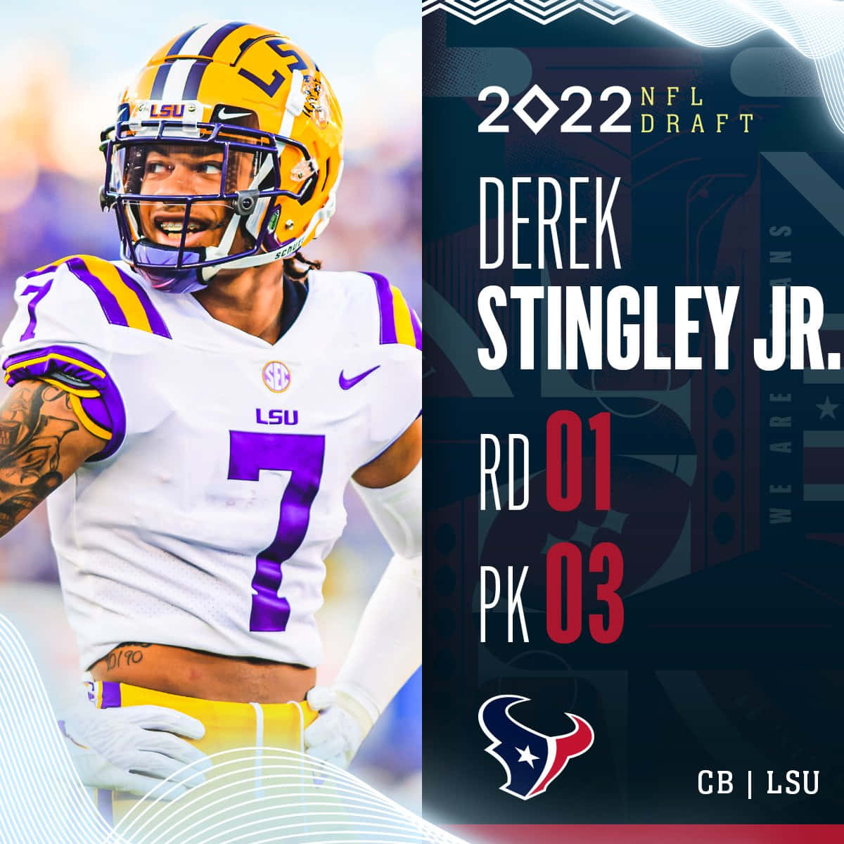 休士頓美洲虎隊新秀德里克·辛格利 Jr. 壁紙 — NFL選秀圖像，顯示身穿LSU球衣的Derek Stingley Jr.慶祝2022年被侯斯頓德州人隊以第一輪選中。