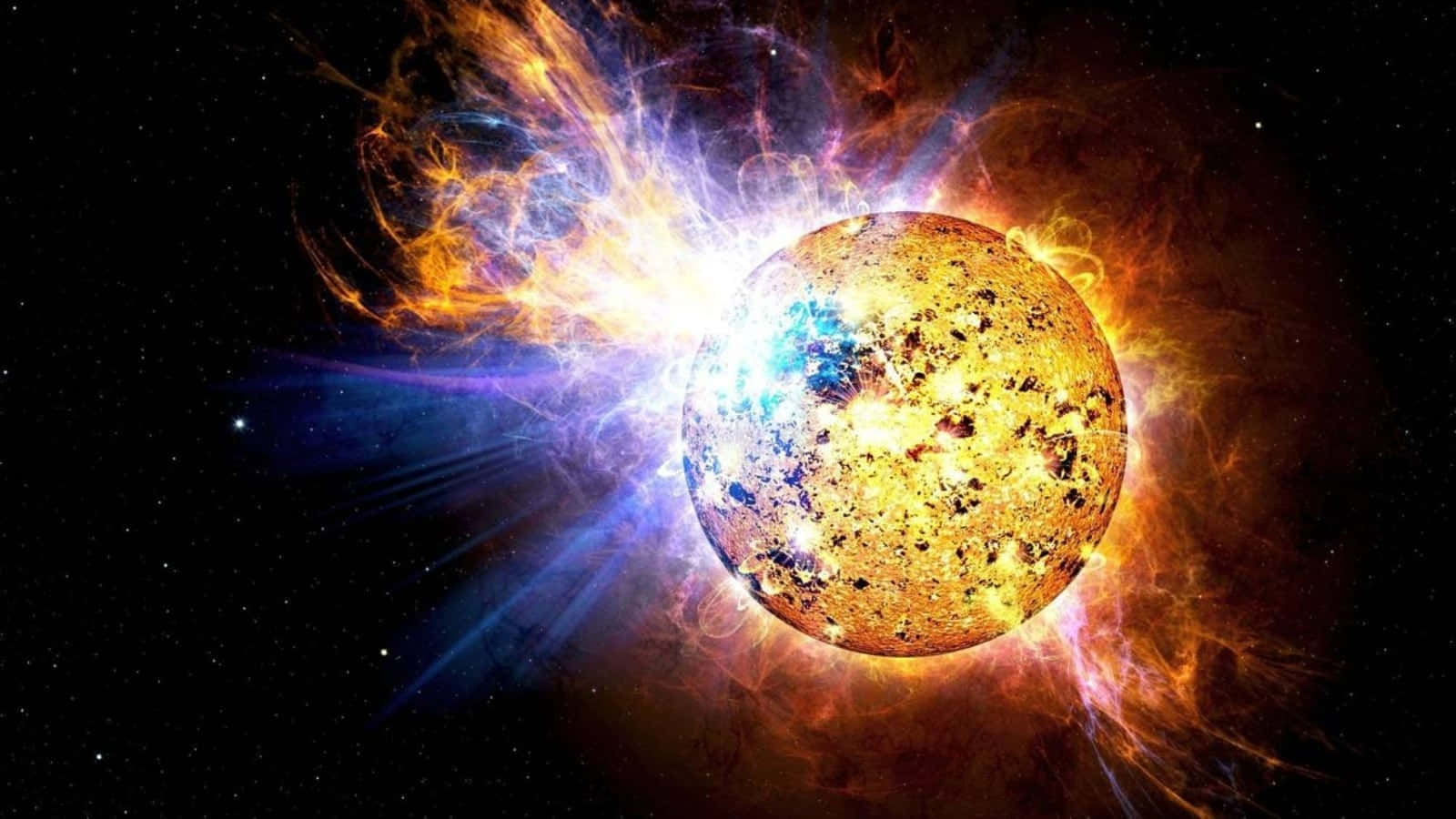 一顆動態的太陽在深空中發出明亮的太陽耀斑和多彩的等離子體。