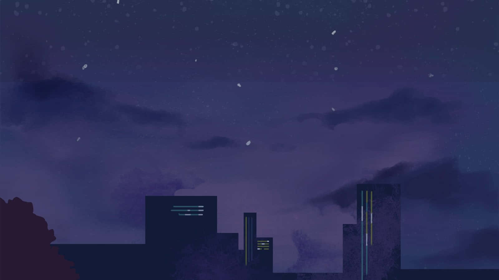 夜晚城市天際線，發光的建築物在繁星點點的紫色天空下。