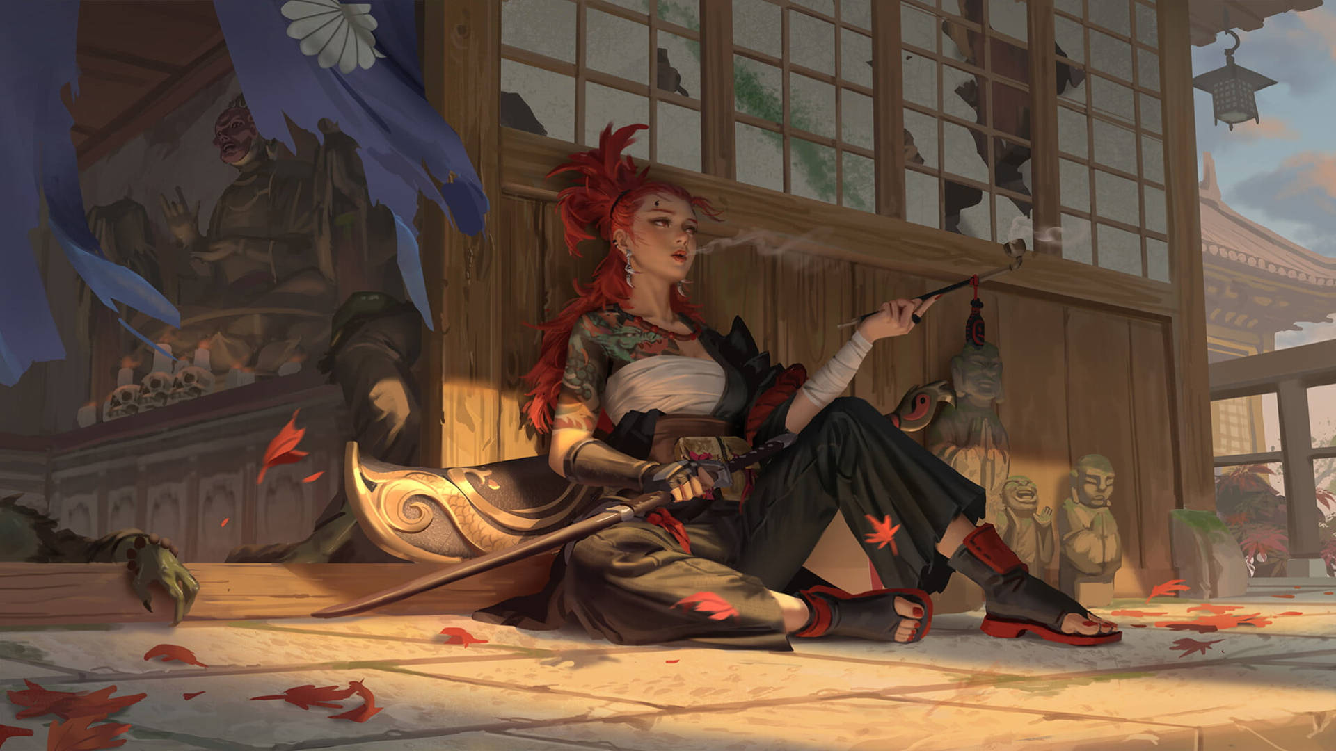 紅髮女武士在木門廊上抽煙斗，周圍有秋葉