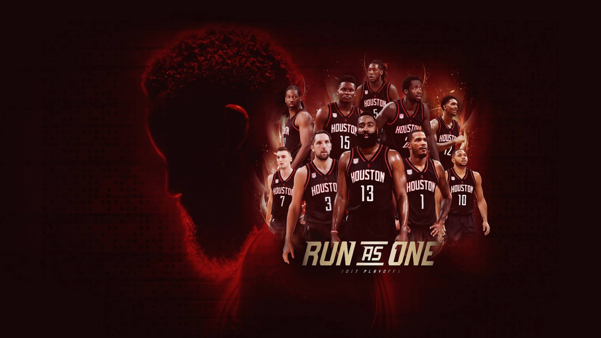 侯斯頓火箭籃球隊身穿紅色球衣，帶有「RUN AS ONE」標語。