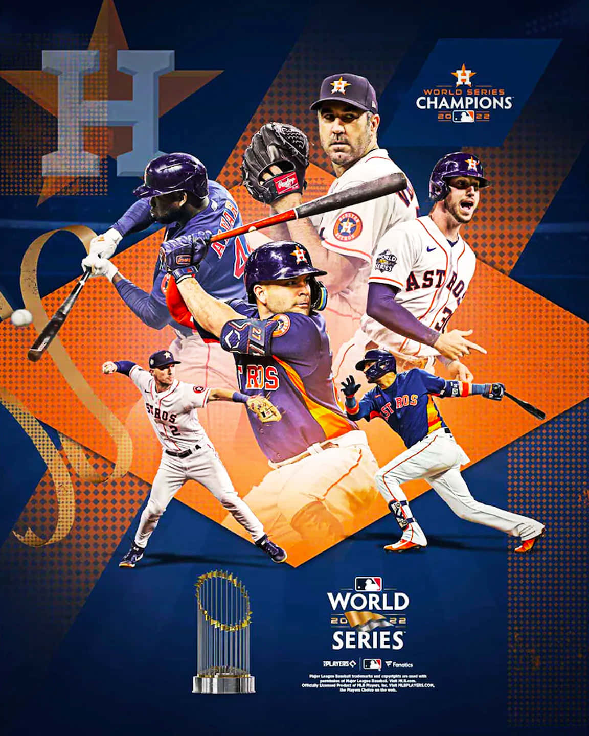 Astros 桌布 壁紙 — 休斯頓太空人棒球球員慶祝2022年世界大賽勝利的動態拼貼，包含獎盃和星星標誌。