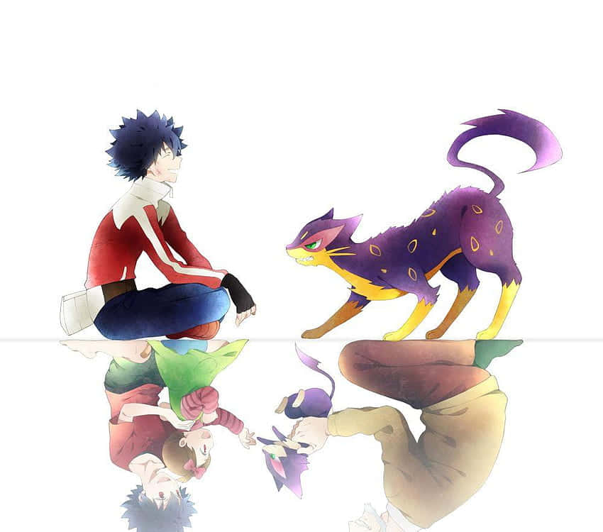 動漫男孩與紫色貓咪生物在白色背景上的倒影