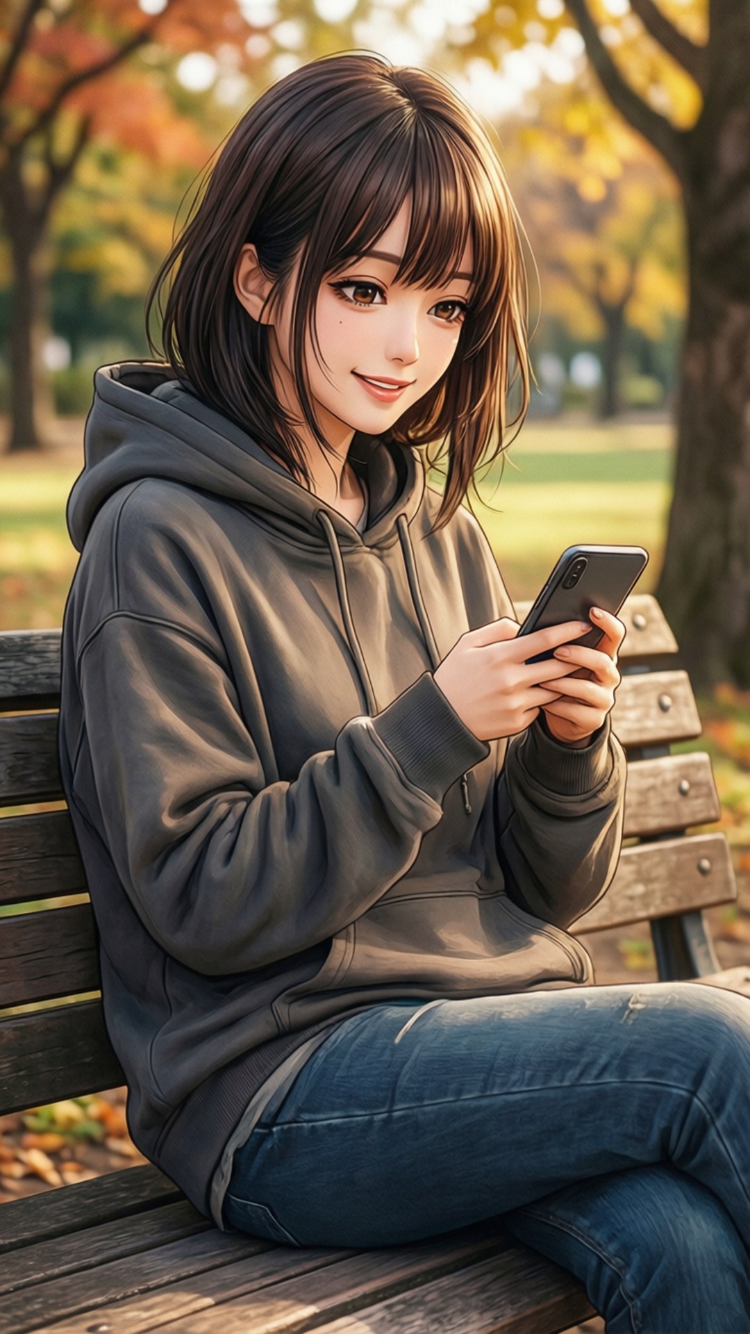 休閒自拍 Miku 壁紙 — 一位穿著灰色連帽衫的年輕女子坐在秋日公園的木長椅上，微笑著看手機。