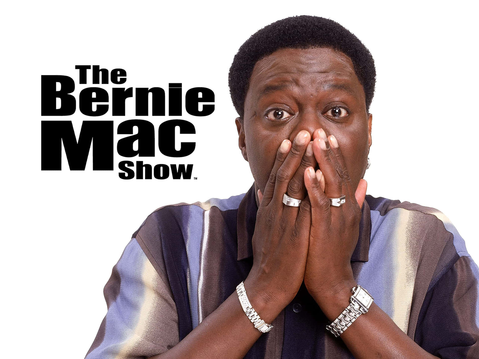 Bernie Mac 雙手掩嘴露出驚訝表情，用於《Bernie Mac 節目》。