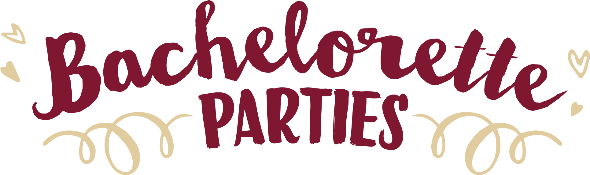 伴娘派對手寫書法 壁紙 — 大膽的栗色字體寫著「Bachelorette Parties」，並在黑色背景上配有金色心形和漩渦圖案。