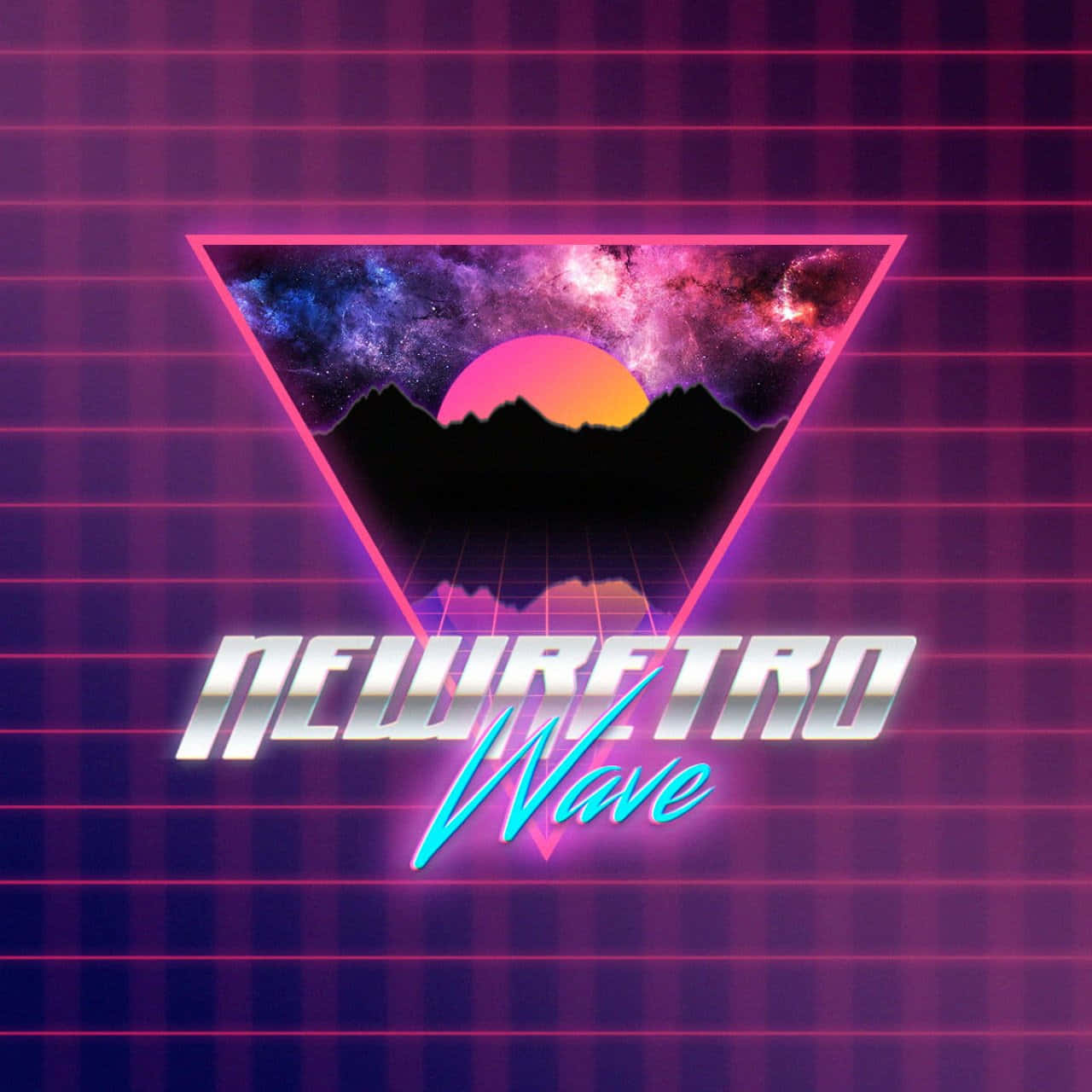 螢光粉紅色三角形、宇宙日落、山脈、紫色網格背景、「NEWRETRO Wave」文字。