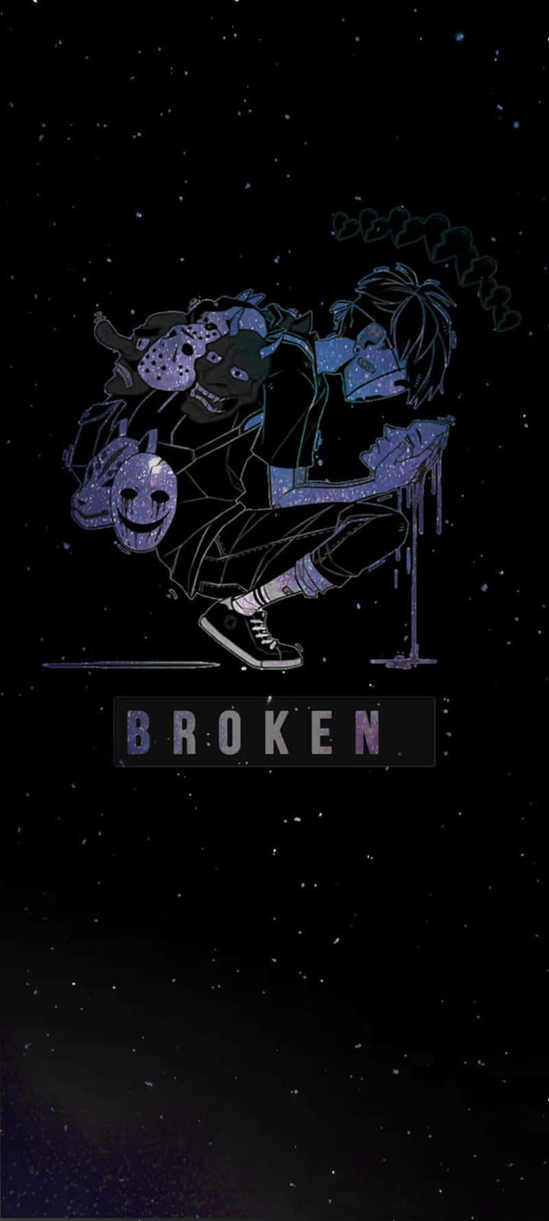 一個動漫角色跪在太空中，手持一個破碎的面具，顯示broken字樣。