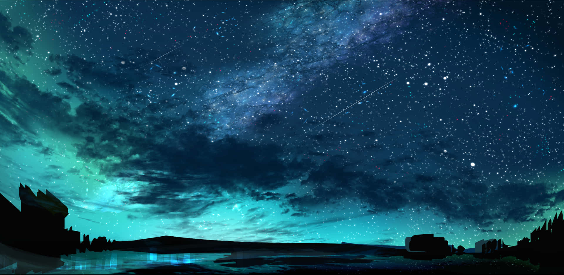 在充滿活力的繁星夜空下，海岸小鎮的剪影與銀河。