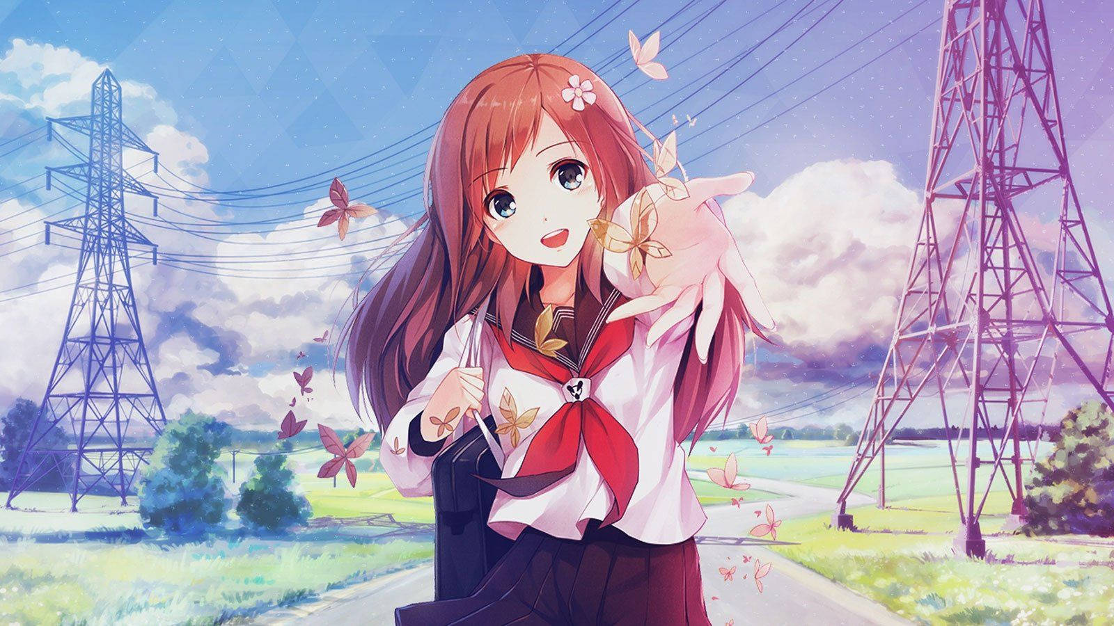 動畫女學生穿著校服，在陽光明媚的田野中，蝴蝶在電線杆附近飛舞。