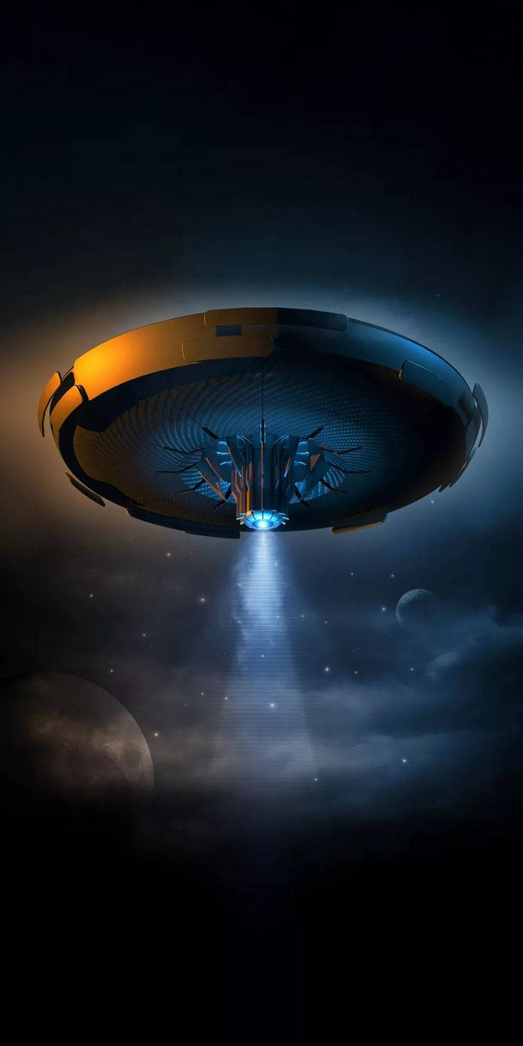 在行星和恆星附近的太空中帶有發光光束的未來風格UFO。