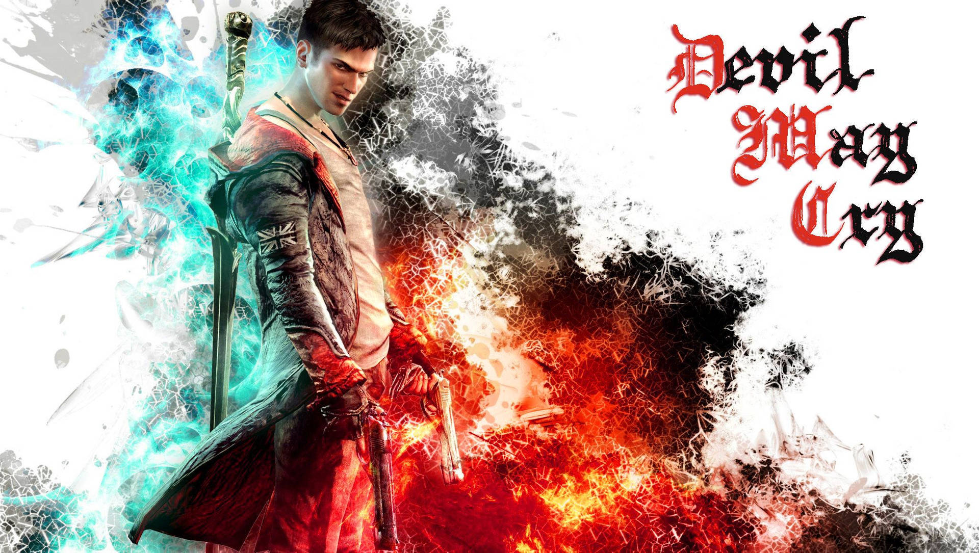 來自《Devil May Cry》的遊戲角色在火與冰效果中手持武器。