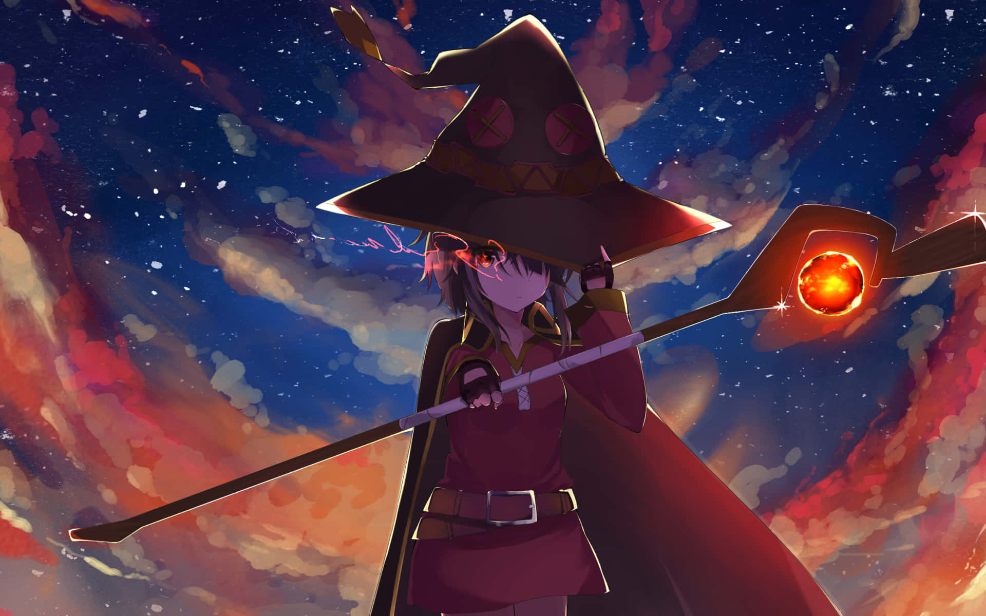 動漫女巫在星空下拿著發光法杖，背景有火雲。