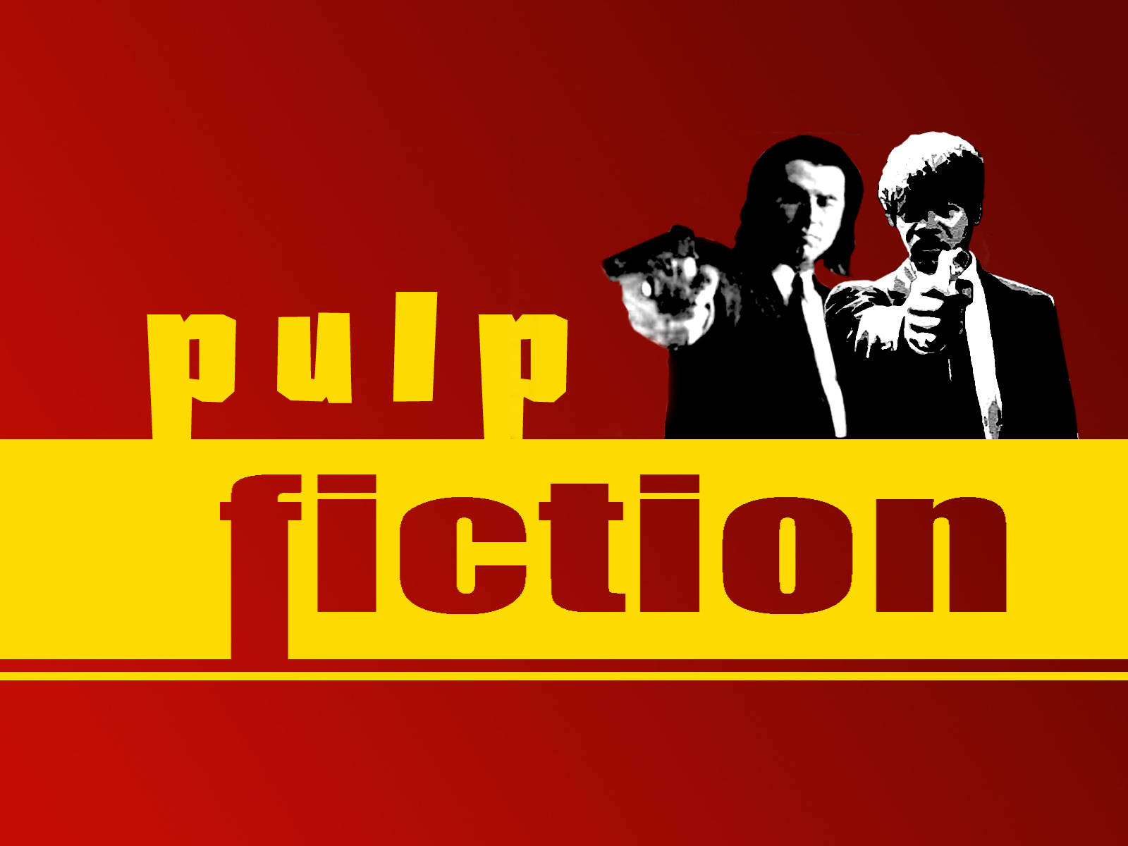兩名身穿西裝的男子在紅黃色背景上手持槍，帶有「pulp fiction」文字。