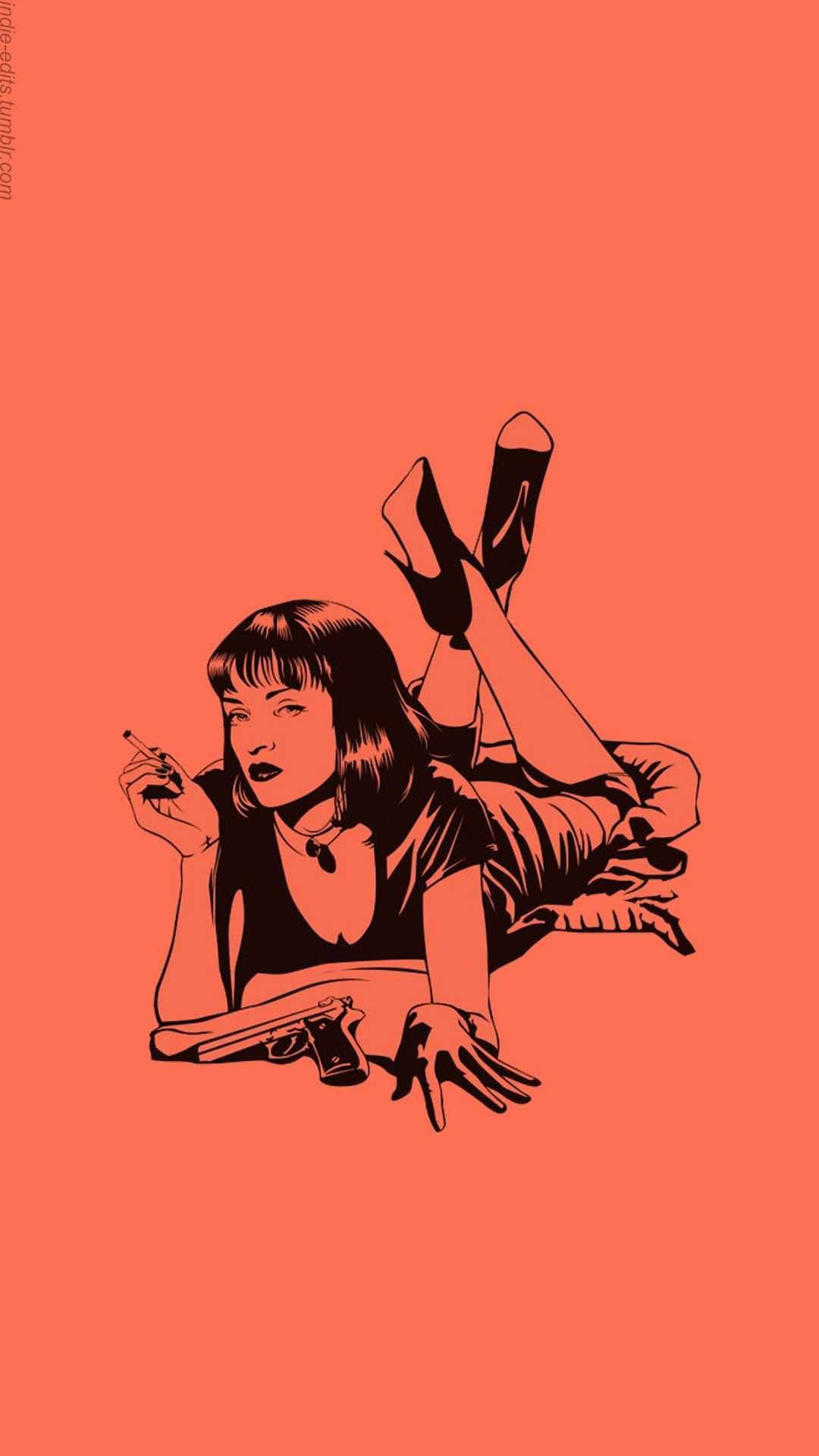 黑色插圖中，一位女性在珊瑚色背景上拿著香煙和槍支休閒。