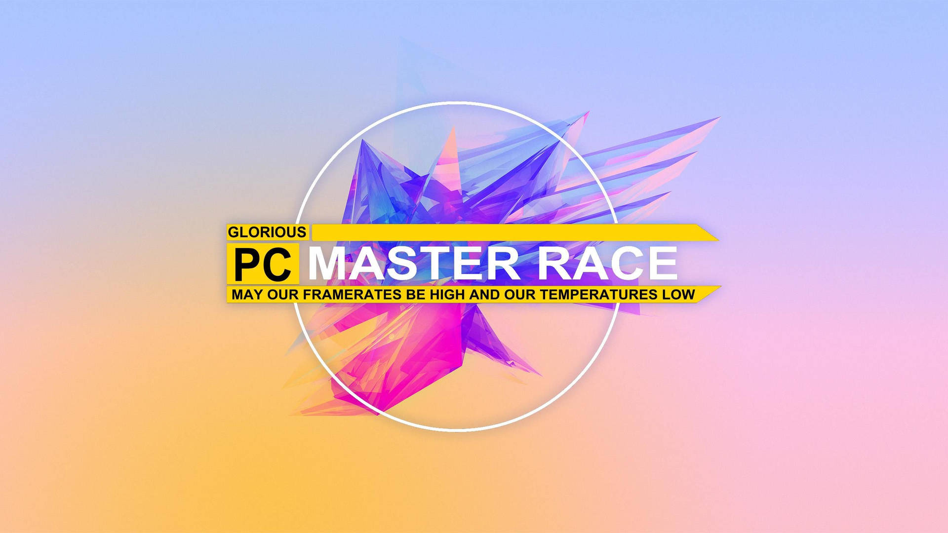 遊戲口號 PC Master Race 搭配色彩繽紛的幾何星爆圖案，置於漸變背景上。