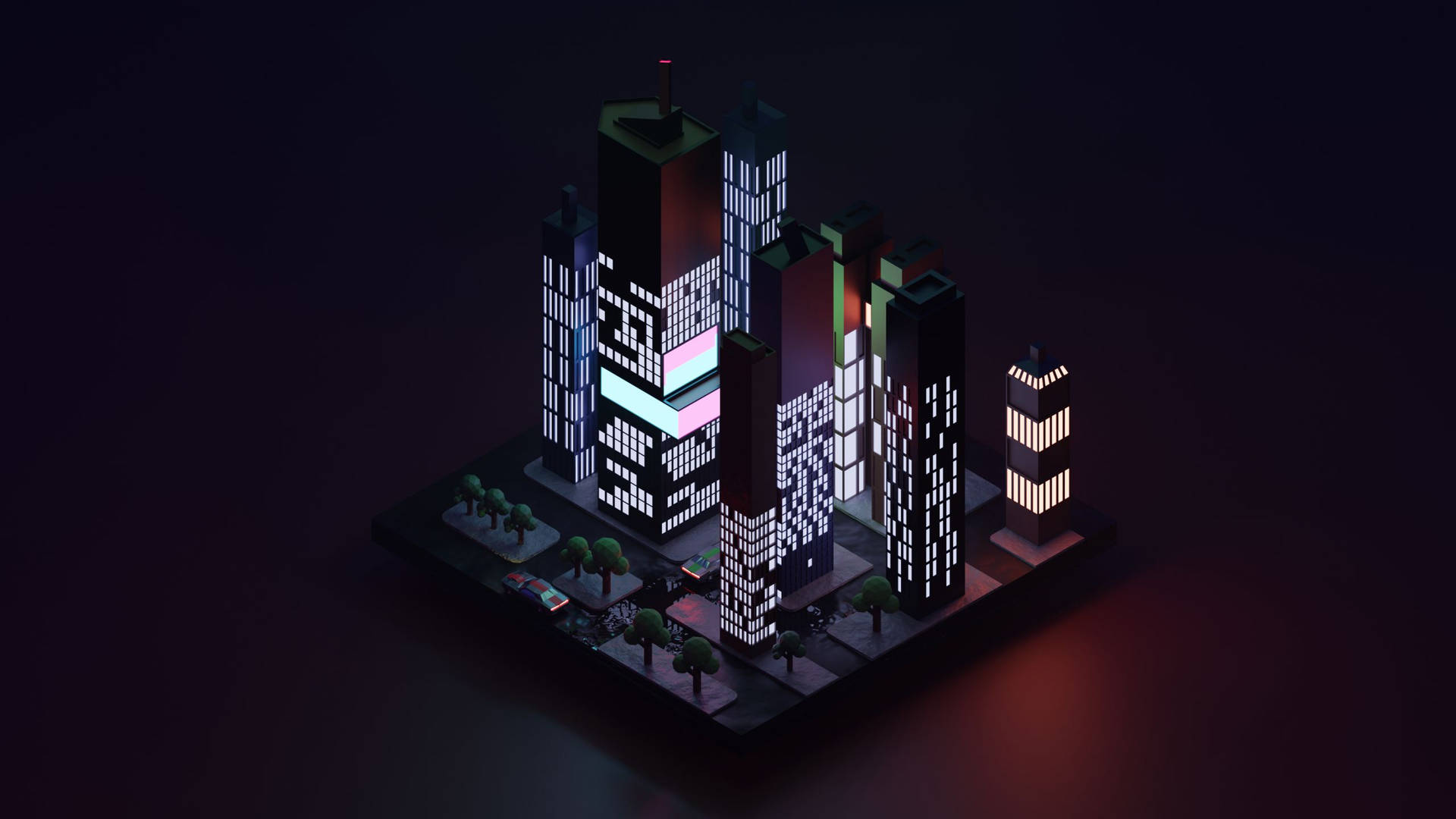 夜晚被照亮的像素化城市建築，帶有發光的窗戶和路燈。