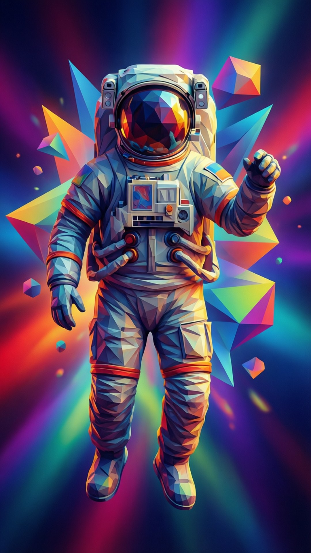 太空人身穿太空衣，在太空中被發光的霓虹幾何形狀包圍