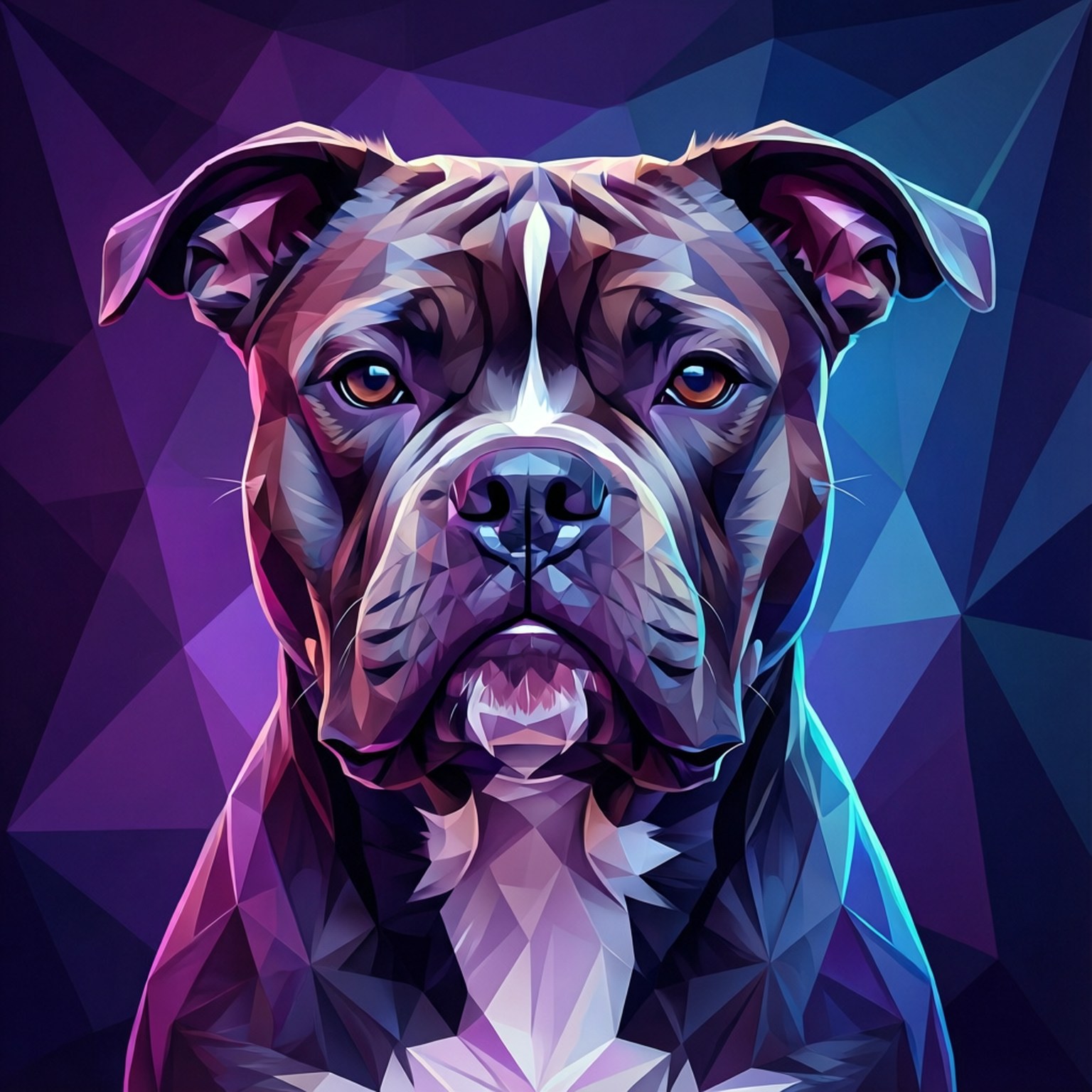 低多邊形平犬肖像 壁紙 — 一個風格化的幾何肖像，描繪一隻眼神銳利的鬥牛犬，背景是充滿活力的紫色和藍色多邊形。