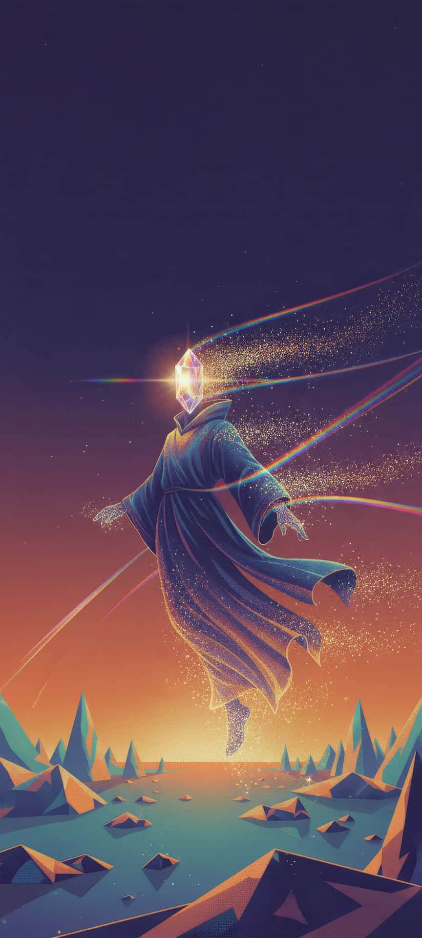 一個水晶頭人物，身穿藍色長袍，在星空暮色下漂浮於幾何景觀之上。