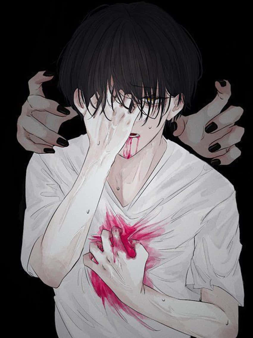 戴眼鏡動漫男孩在黑色背景下緊握流血胸口