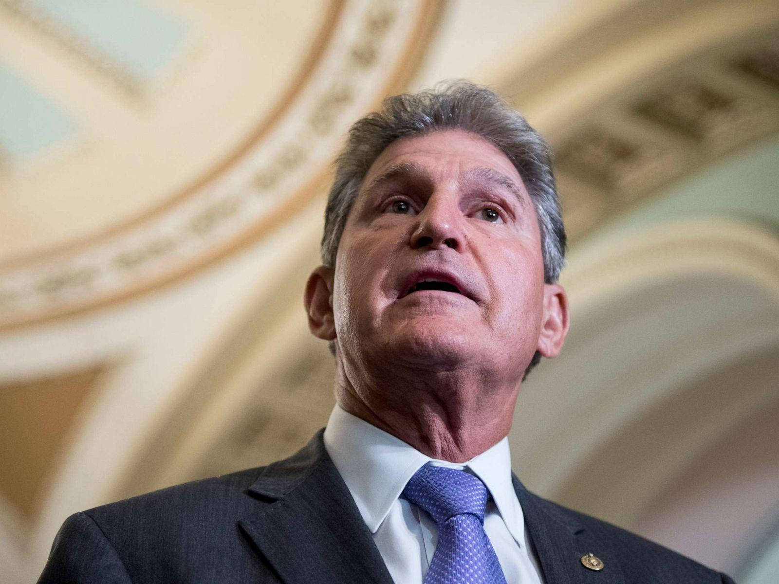 低角度拍攝的 Joe Manchin 壁紙 — 一名身穿深色西裝和藍色領帶的男子，在彎曲華麗的天花板下，帶著強烈的表情向上仰望。