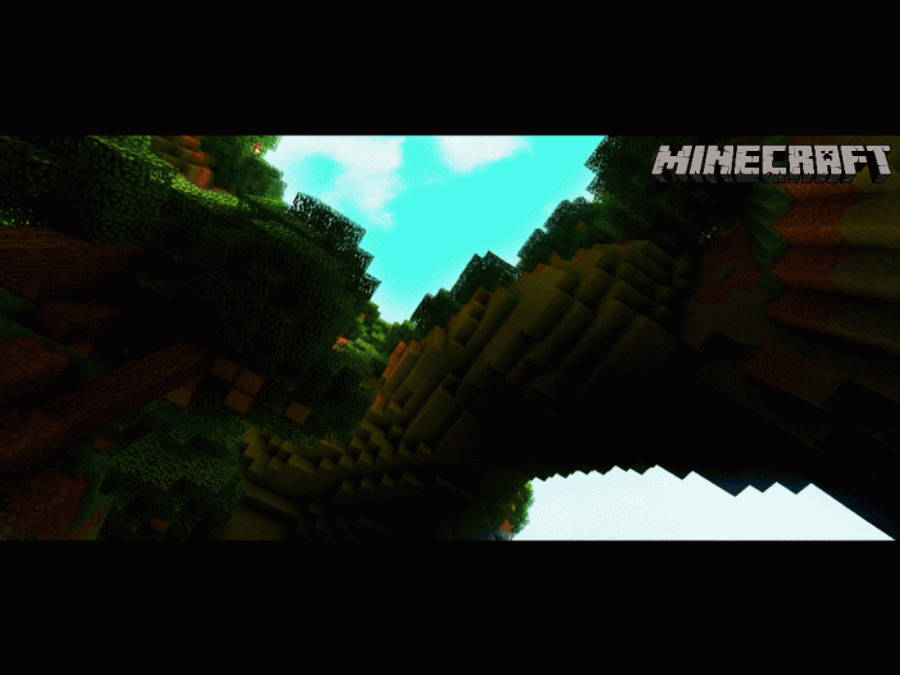 樹 桌布 壁紙 — 低角度觀看Minecraft風景，有方塊狀樹木和地形，上方是明亮的青色天空。