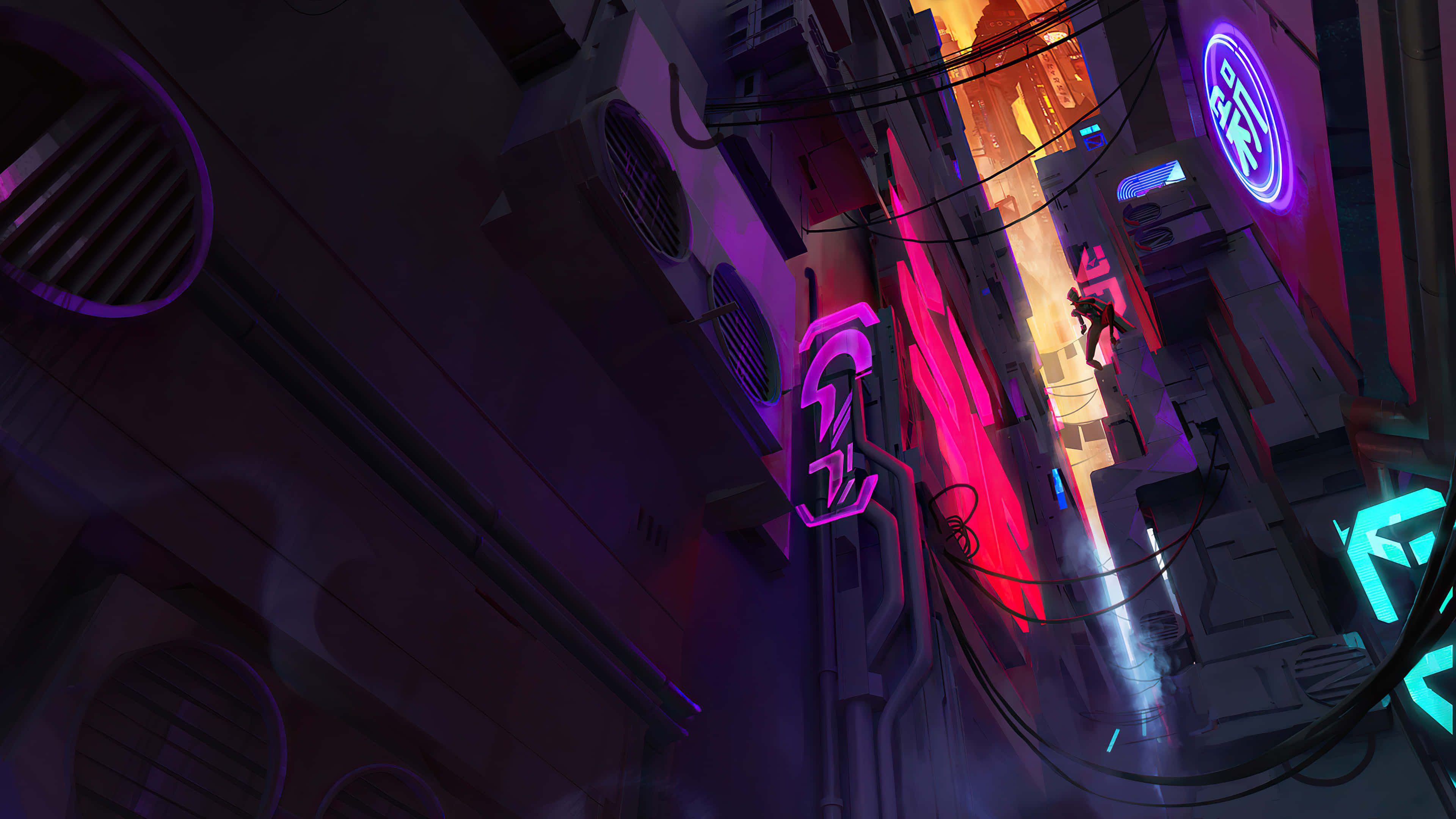 低角度霓虹燈巷弄背景 壁紙 — 一條 cyberpunk 小巷，沐浴在霓虹粉紅、紫色和藍綠色的燈光中，一個孤獨的身影走向發光的遠方。