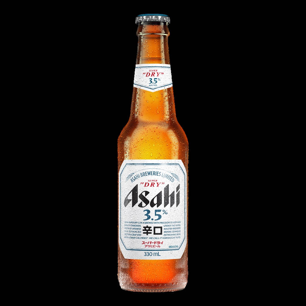 低酵母啤酒 Asahi Super Dry 壁紙 — 一瓶冰凍的朝日超爽啤酒，瓶身凝結水珠，在純黑背景下閃爍光芒。