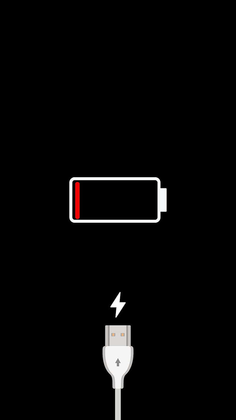 低電量圖示與Android充電端口 壁紙 — 一條簡約的白色USB線，帶有閃電圖標，在黑色背景上為幾乎耗盡的電池圖標充電。