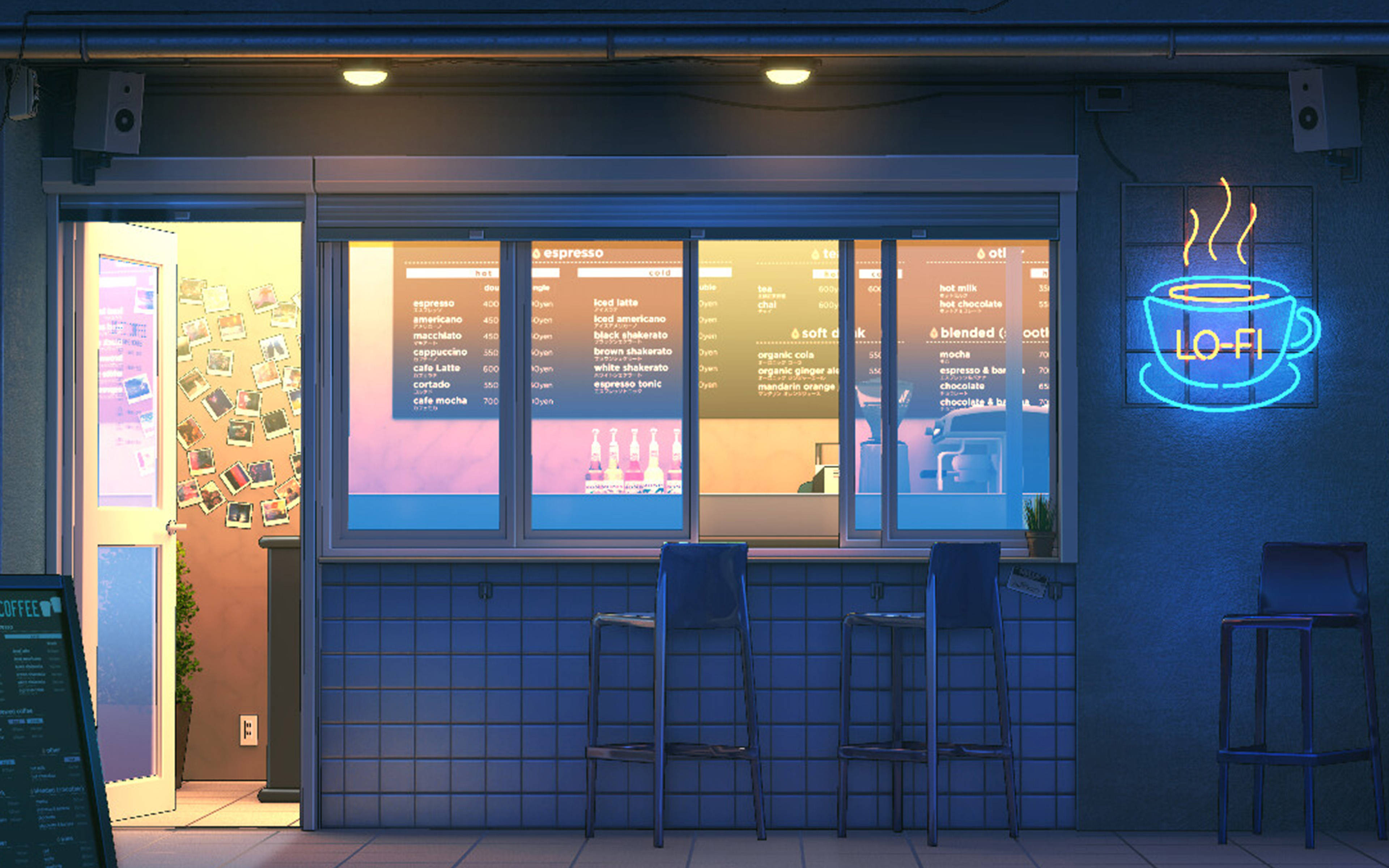 低音咖啡店的奢華色彩壁紙 壁紙 — 夜晚舒適的Lo-fi咖啡店，藍色瓷磚牆、霓虹燈招牌和外面的凳子。