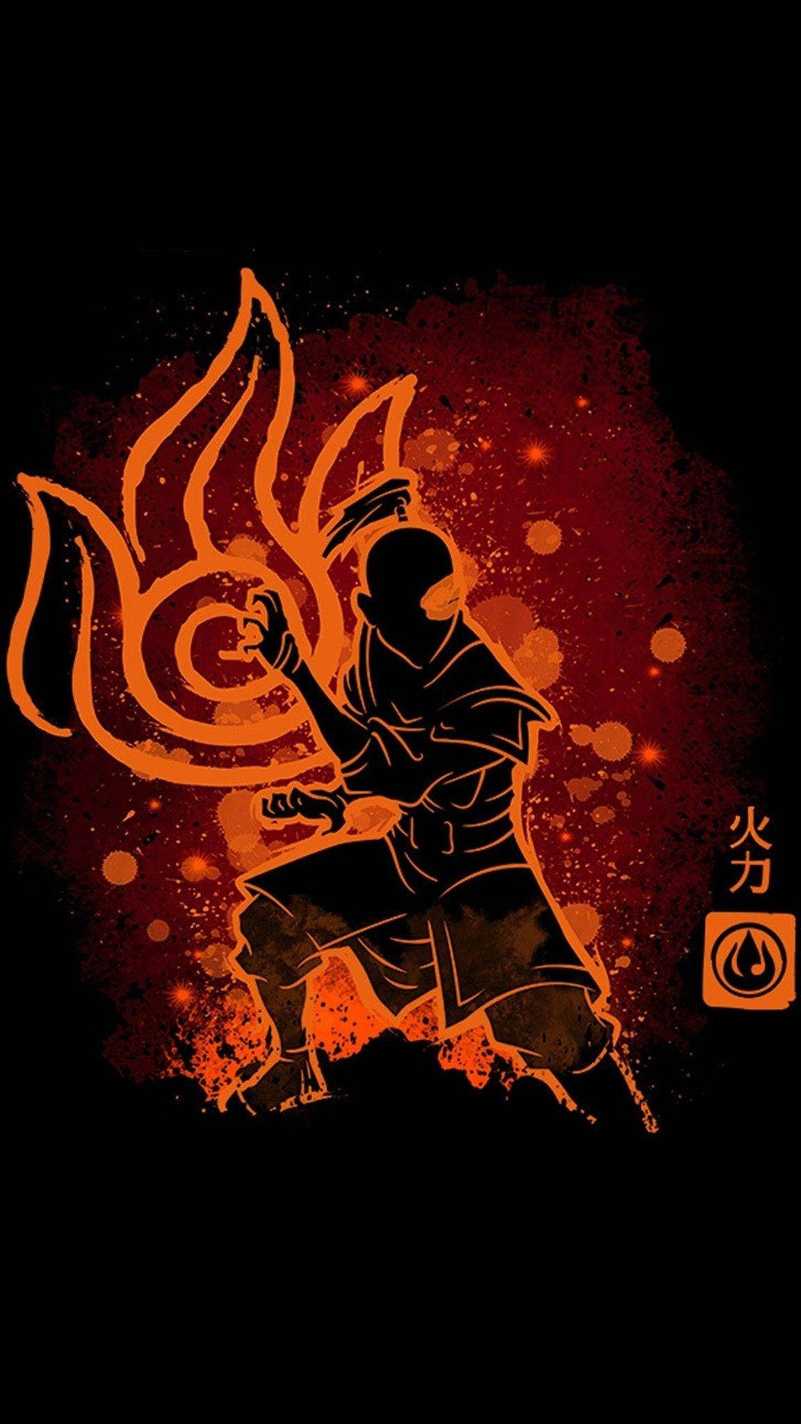 佐克橙色高光插畫 壁紙 — 一個火熱的剪影，一個忍者戰士在深紅色飛濺的背景上釋放出熾熱的橙色火焰。