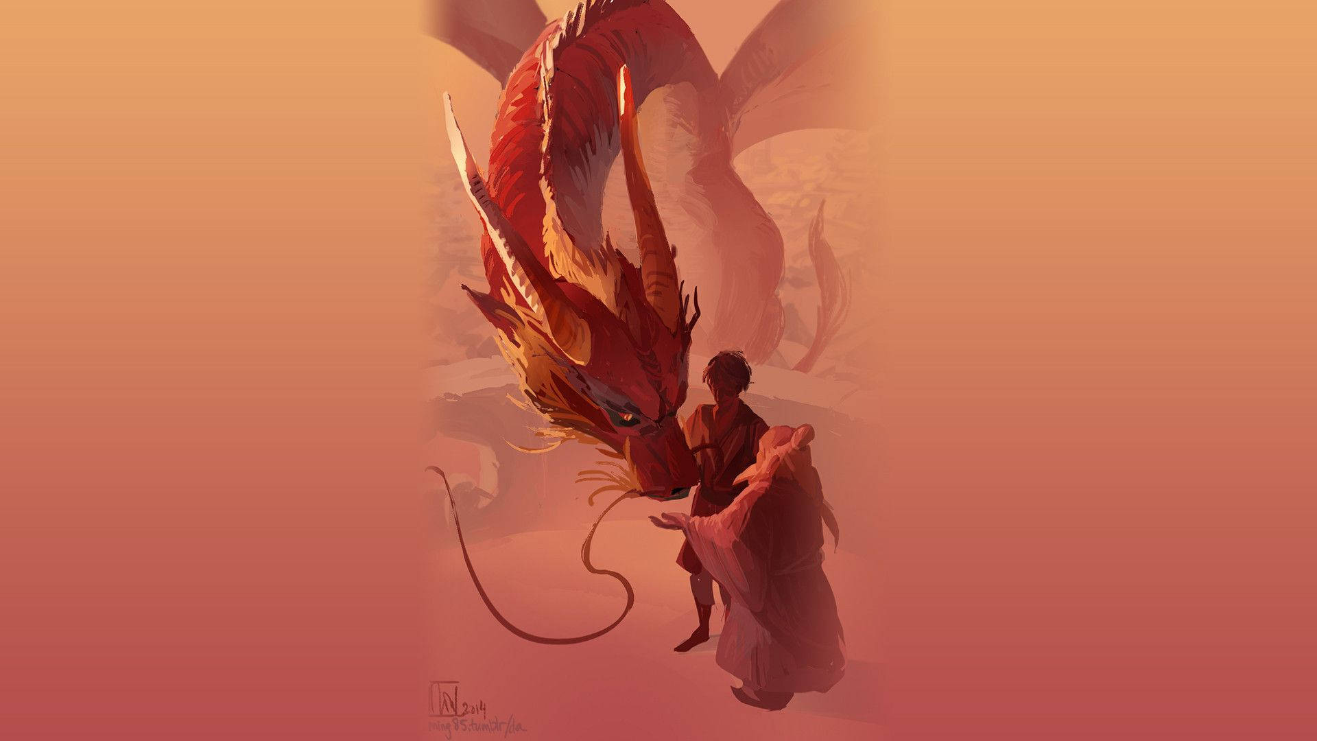 佐克與伊羅與龍 壁紙 — 一個孤獨的身影穿著長袍，平靜地站在一頭巨大的紅龍面前，背景是朦朧的夕陽餘暉。