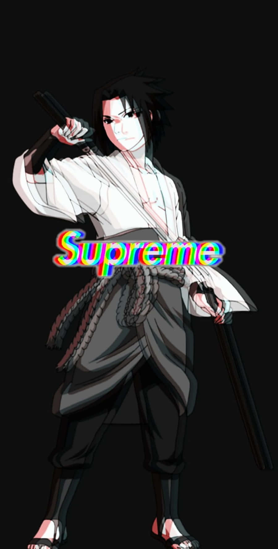 佐助 Supreme 電腦故障特效數位藝術 壁紙 — 動漫角色宇智波佐助在黑色背景上手持劍，並疊加彩虹Supreme標誌。