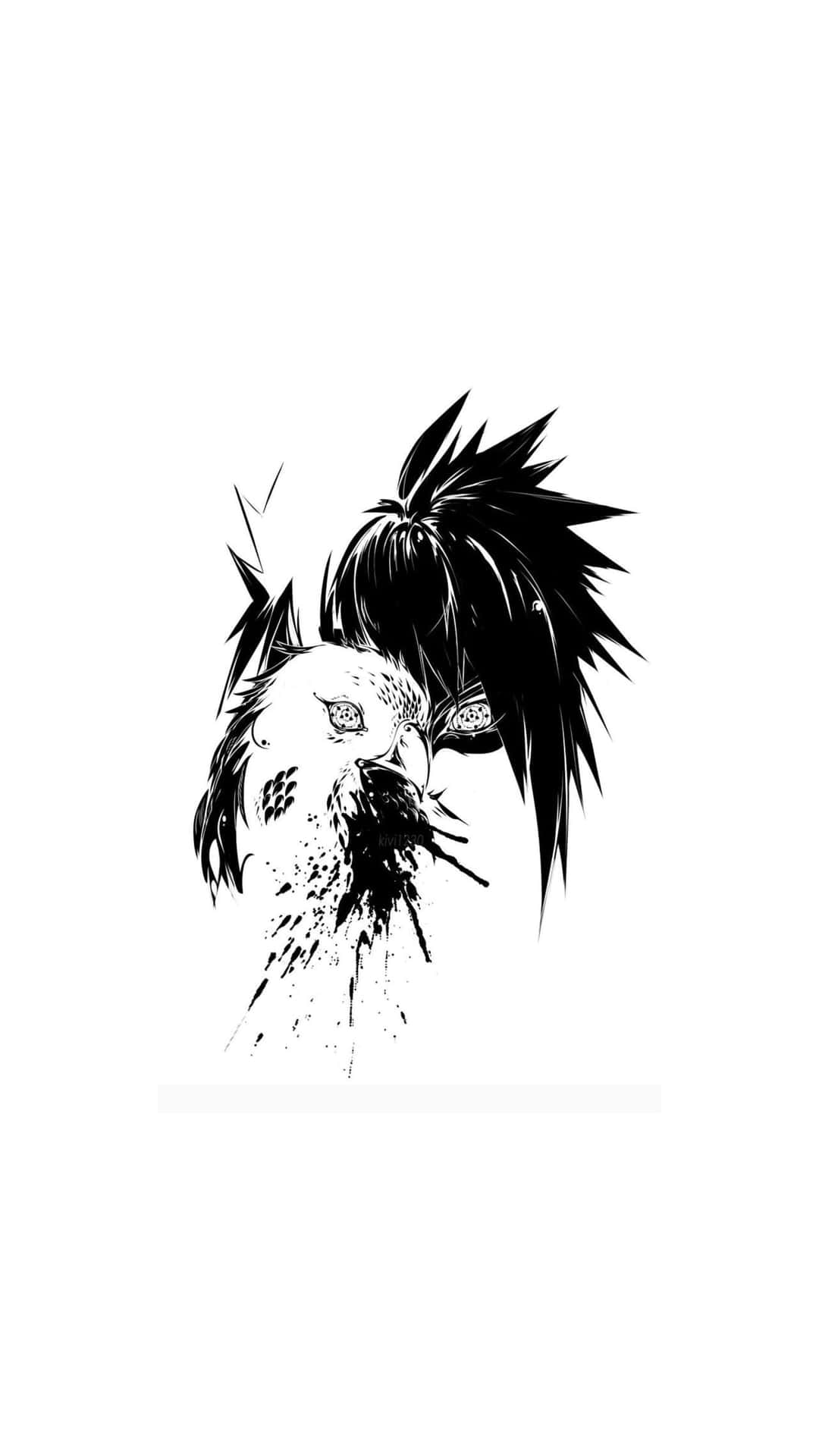 佐助·宇智波墨染風格藝術圖 壁紙 — 一幅鮮明的黑白插圖，描繪了一個風格化的鳥頭，帶有尖刺羽毛和潑墨效果，背景為純白色。