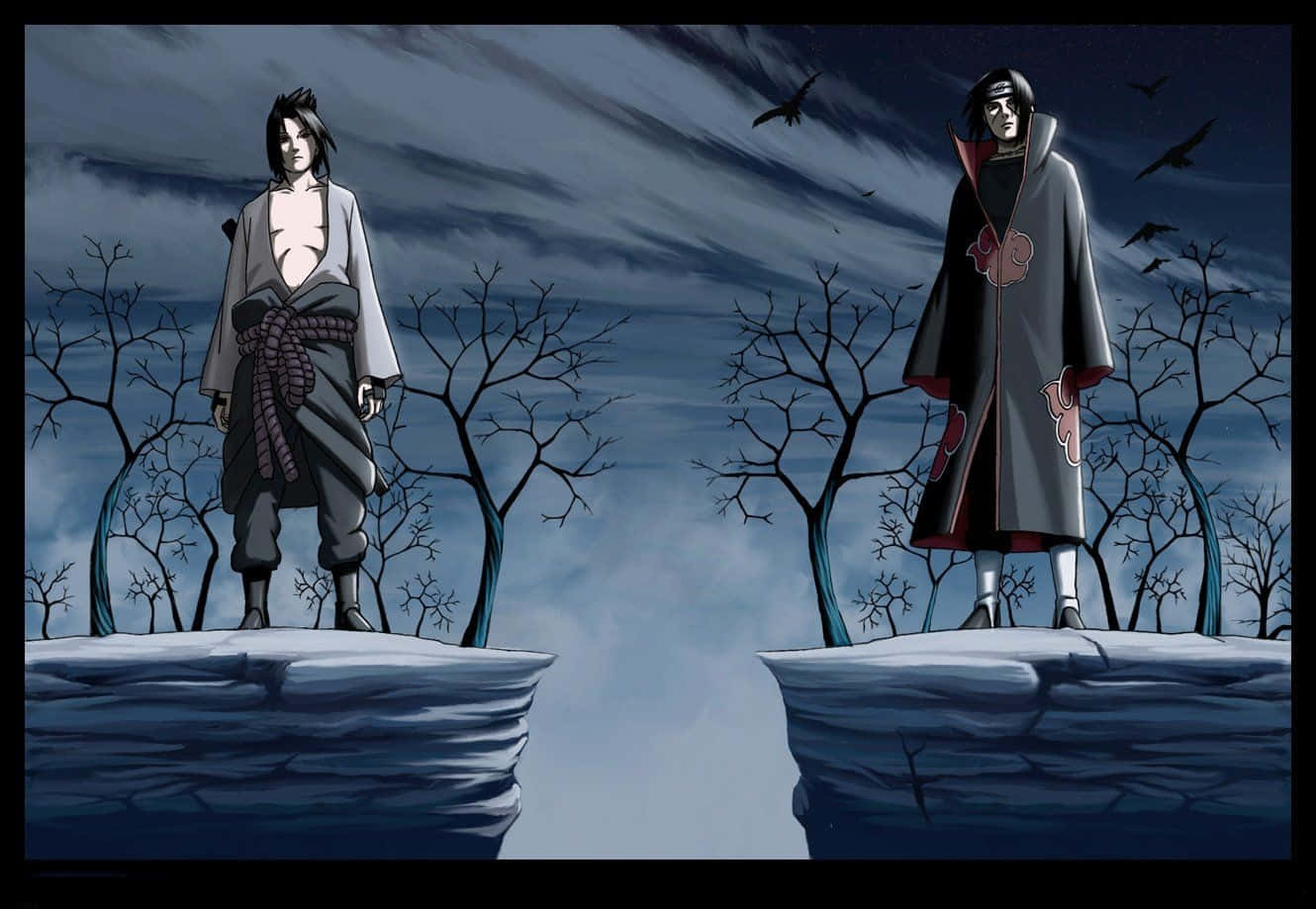 佐助與 Itachi 并肩而立 壁紙 — 兩個動漫角色站在對立的懸崖上，天空風暴密佈，有光禿的樹木和飛翔的烏鴉。