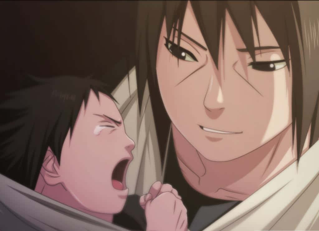 佐助與 Itachi 烏奇哈幼年 壁紙 — 一個動漫場景顯示一個哭泣的孩子被一個微笑的成年人抱著，眼神強烈。