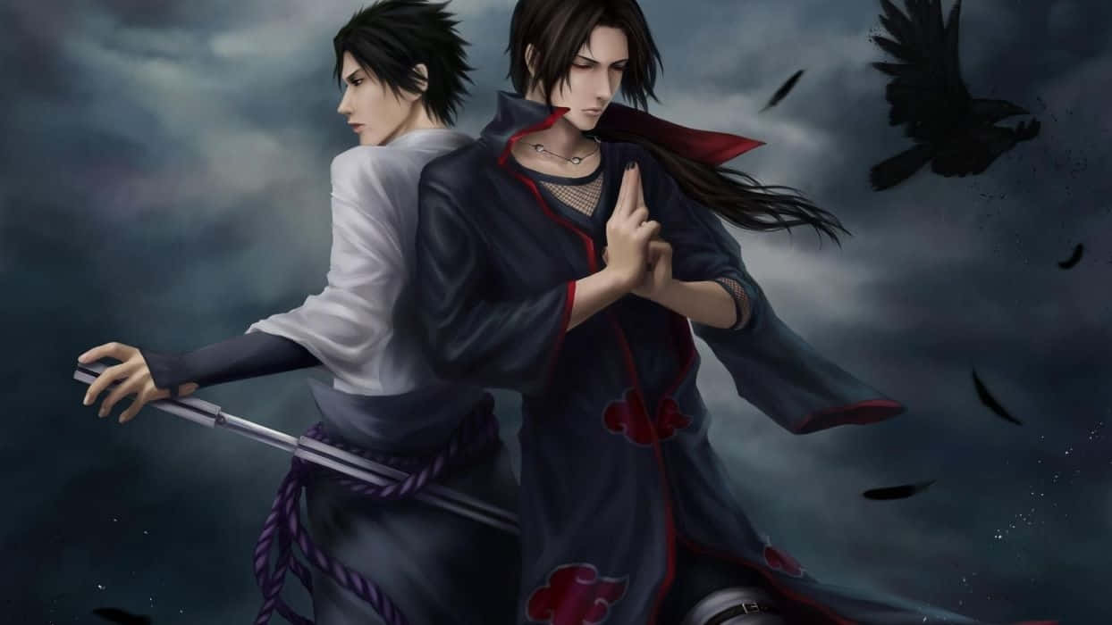 佐助與 Itachi 電腦生成影像 壁紙 — 兩位動漫戰士在暴風雨的天空下背靠背站立，烏鴉在他們周圍飛翔。