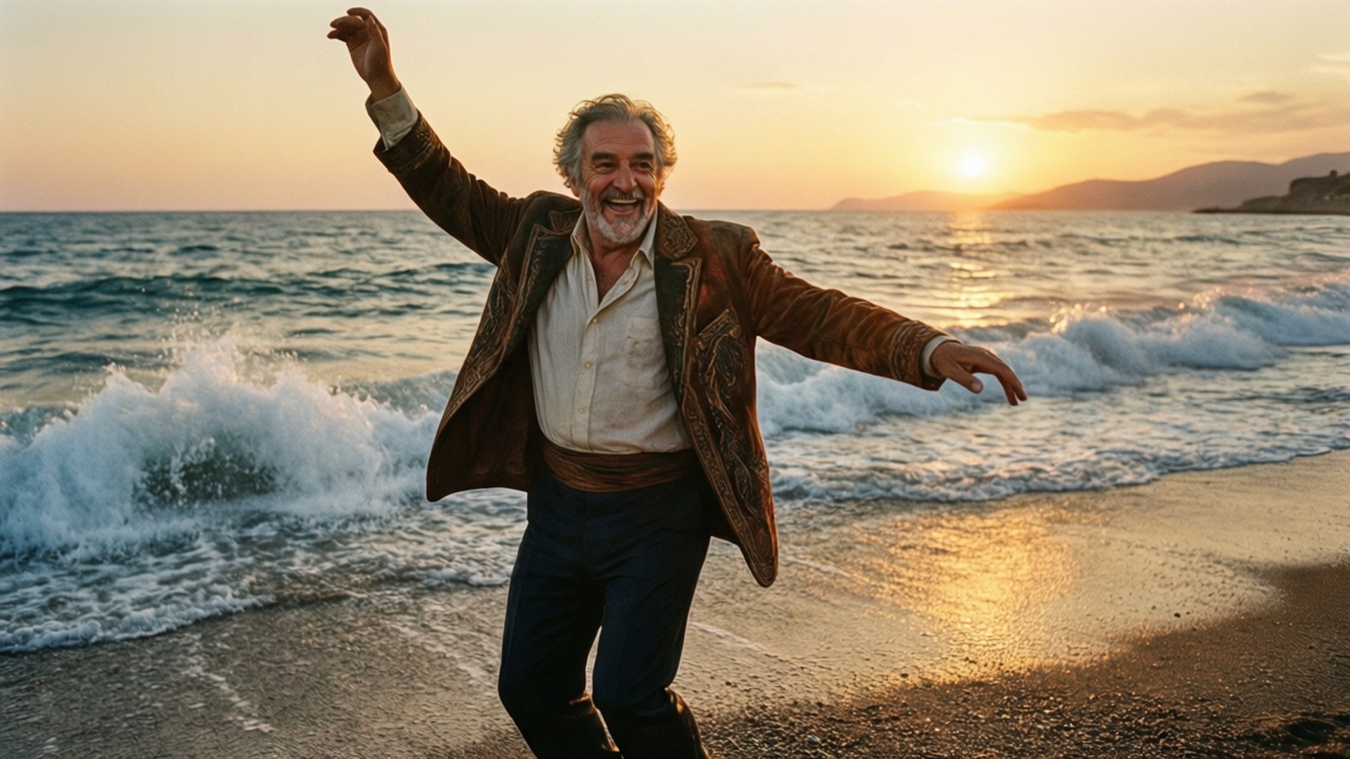 一位快樂的年長男士在夕陽下的海灘上跳舞，伴隨著海浪。