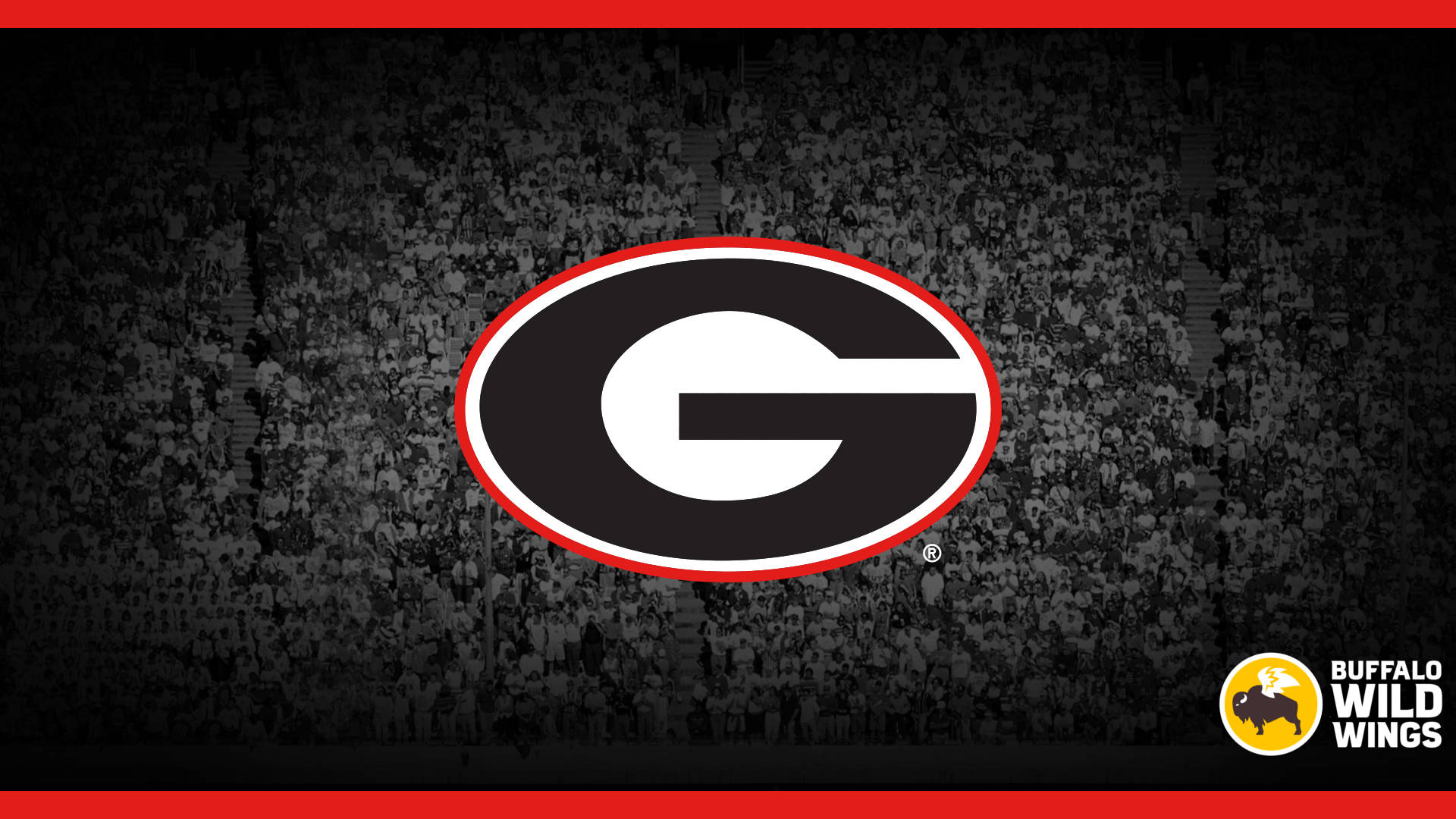 Georgia Bulldogs 標誌在體育館人群上方，帶有 Buffalo Wild Wings 標誌