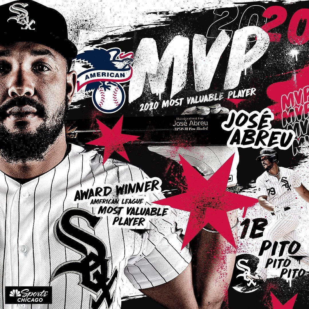 棒球運動員 José Abreu 被譽為 2020 年美國聯盟 MVP，帶有大膽的紅色星星和球隊品牌。