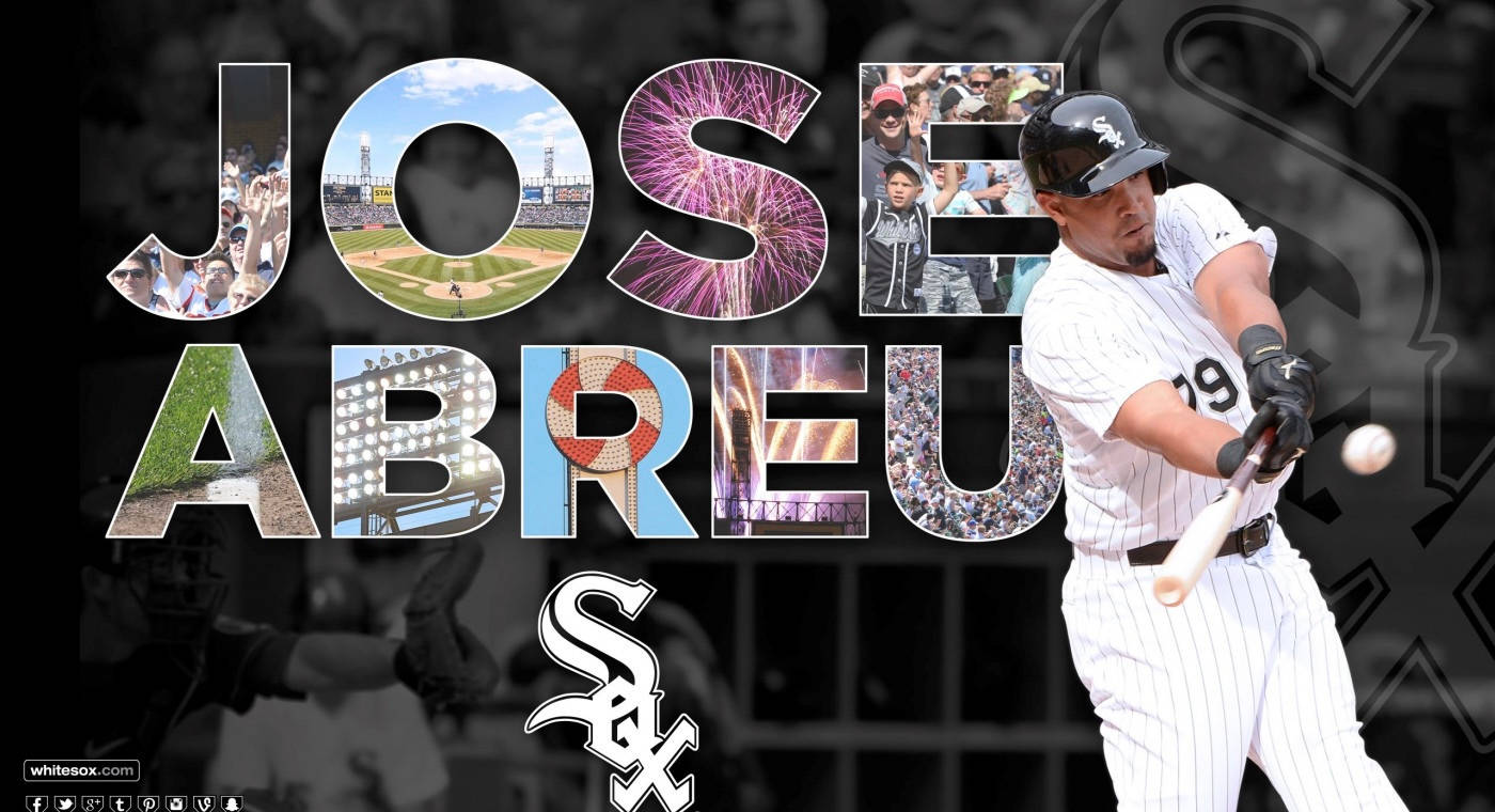棒球選手 Jose Abreu 揮棒，球場和煙火拼貼形成他的名字。