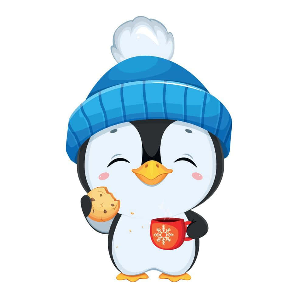 何必認真？ 壁紙 — 一隻戴藍色帽子的可愛卡通企鵝正在享用餅乾和一杯冒熱氣的熱可可。