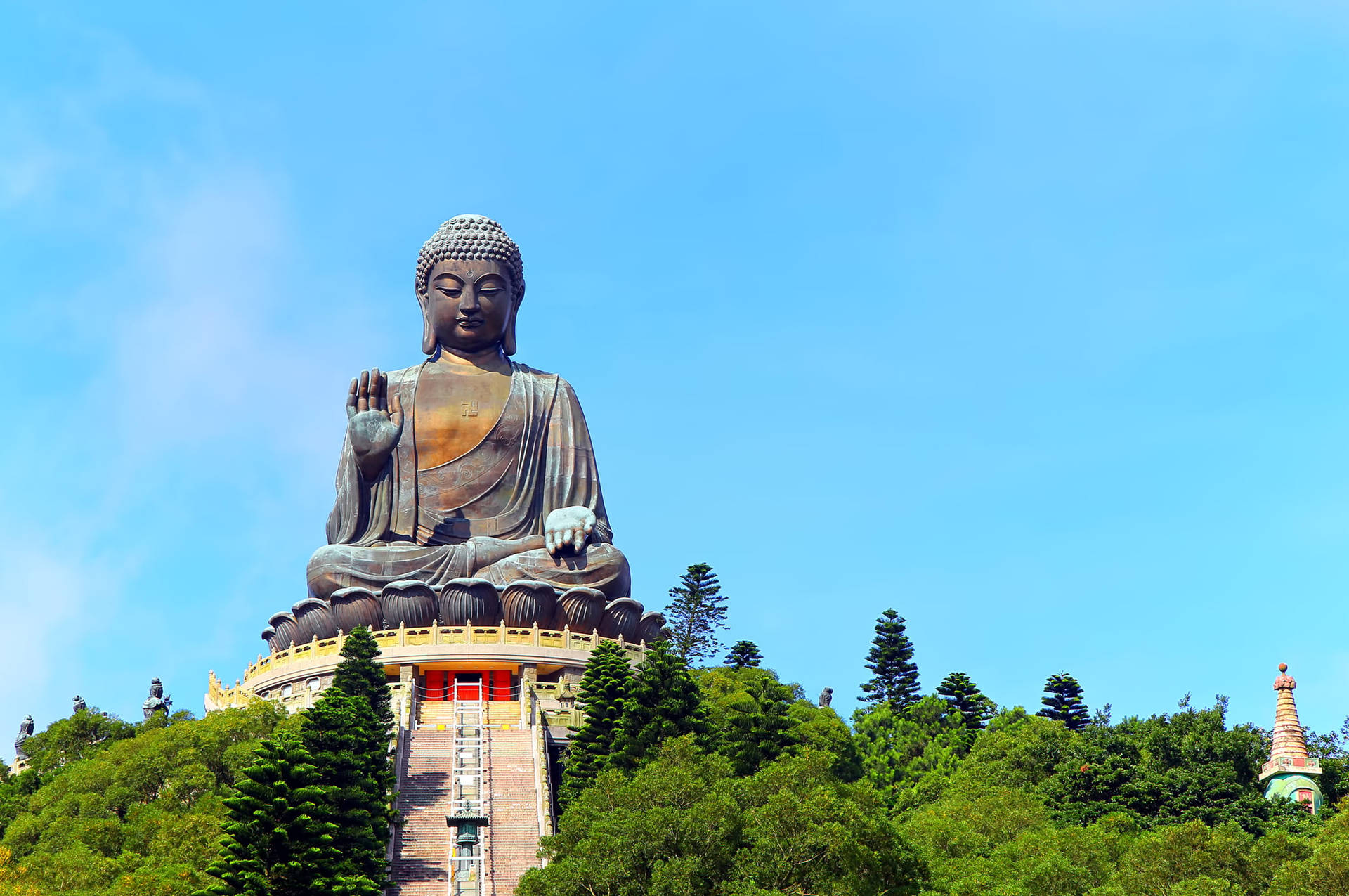 山丘上被樹木和晴朗天空環繞的大型銅製佛像。
