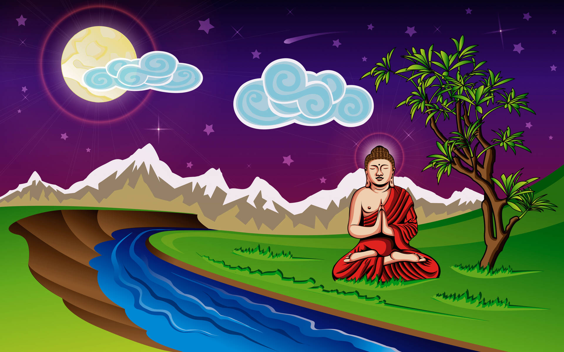 佛陀在滿月下河邊冥想，背景有山。